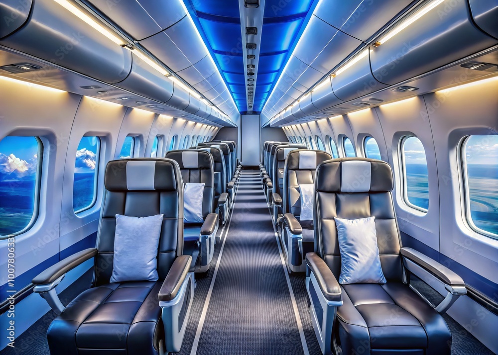 Sparkling clean aircraft interior with sleek rows of empty seats, polished metal accents, and rectangular windows Sparkling clean aircraft interior with sleek rows of empty seats, polished metal accents, and rectangular windows
