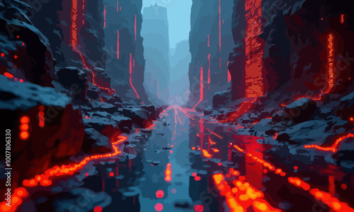 Lava Canyon: Erupting Pathway Through Snowy Cliffs