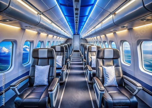 Sparkling clean aircraft interior with sleek rows of empty seats, polished metal accents, and rectangular windows