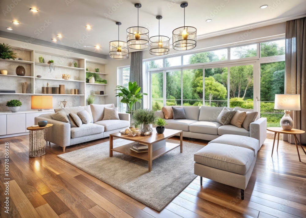 Sparklingly clean and organized modern home interior with tidy furniture, floors, and decorations, surrounded by Sparklingly clean and organized modern home interior with tidy furniture, floors, and decorations, surrounded by