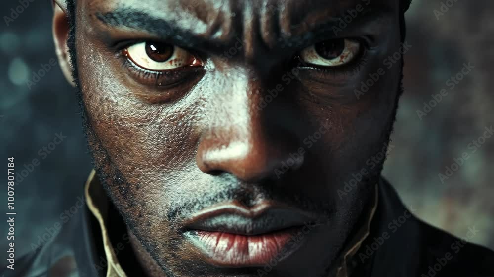 A close-up portrait of a man's face with a serious expression A close-up portrait of a man's face with a serious expression