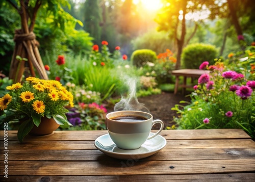 steaming cup of freshly brewed coffee sits on a rustic wooden table amidst lush greenery and vibrant flowers