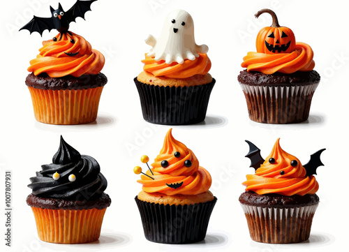 Halloween-Themed Cupcakes with Bat, Ghost, and Pumpkin Toppers