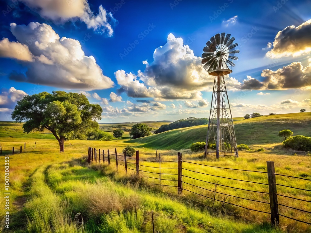 Texas Rural Area Sun-drenched rural landscape in Texas hill country featuring rolling ...