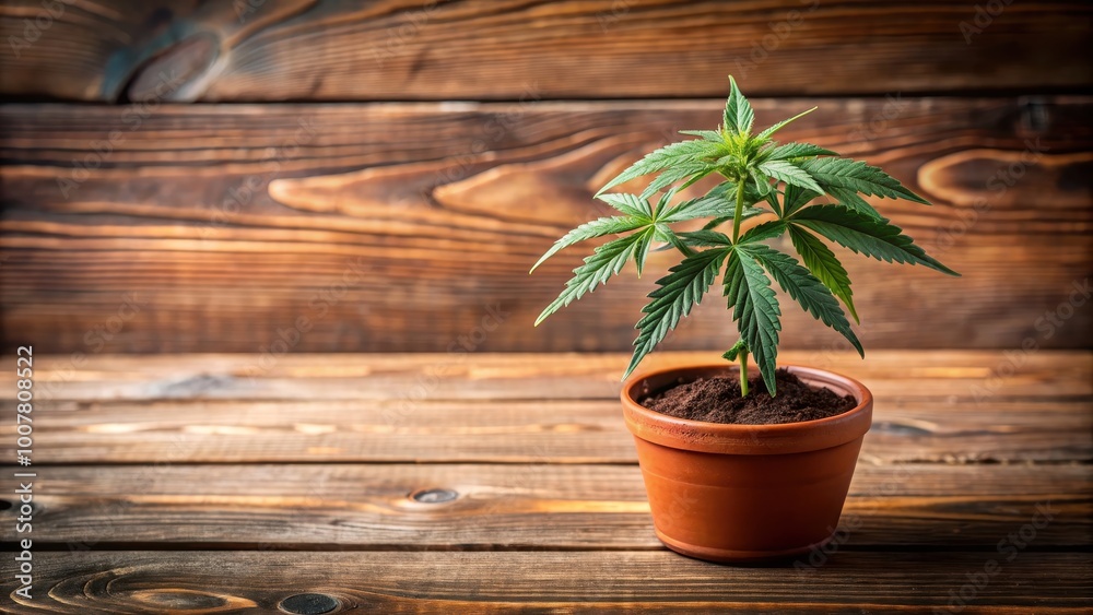 Small marijuana plant growing in clay pot on wooden surface, marijuana, cannabis, plant, growth, organic, clay pot Small marijuana plant growing in clay pot on wooden surface, marijuana, cannabis, plant, growth, organic, clay pot