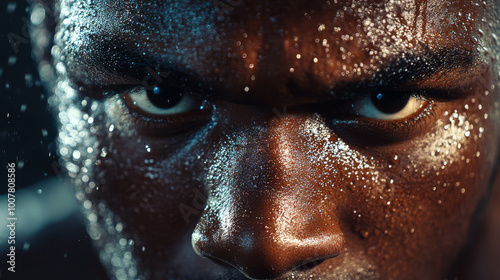 Close-up of a boxer face, sweat and determination, preparing for the next round