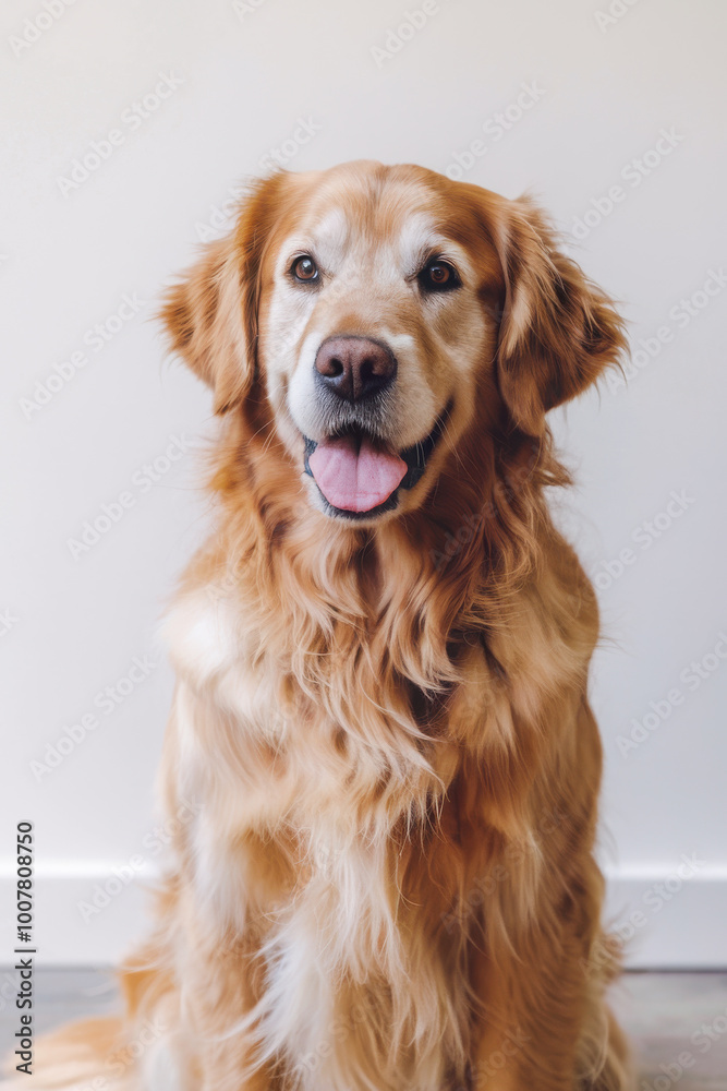 Golden Retriever with a joyful expression against a soft neutral background. Golden Retriever with a joyful expression against a soft neutral background.