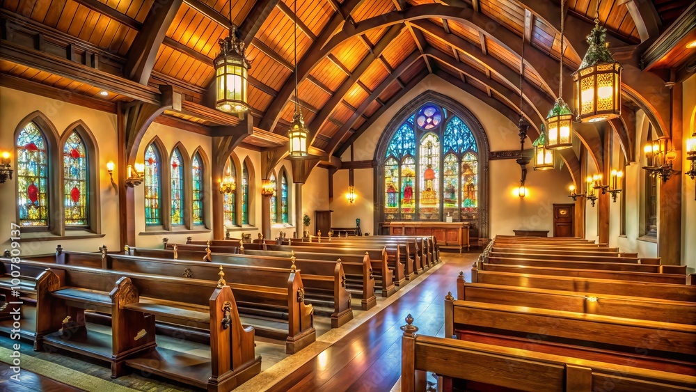 Fototapeta premium Traditional wooden pews, soft warm lighting, and beautifully stained glass windows create a serene and peaceful