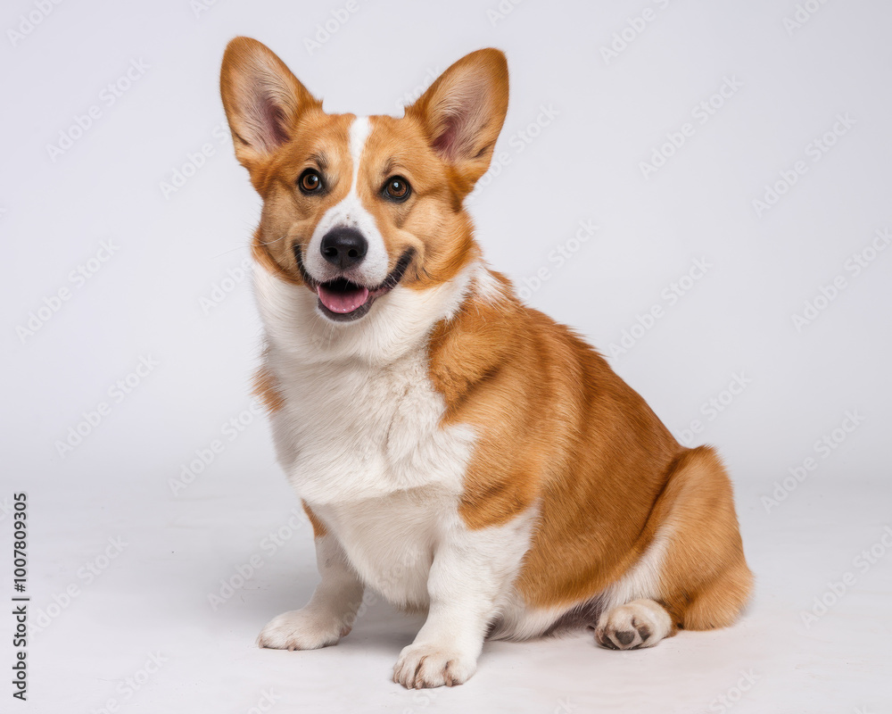 Happy brown and white Corgi sitting against a white background, displaying a cheerful demeanor. Happy brown and white Corgi sitting against a white background, displaying a cheerful demeanor.
