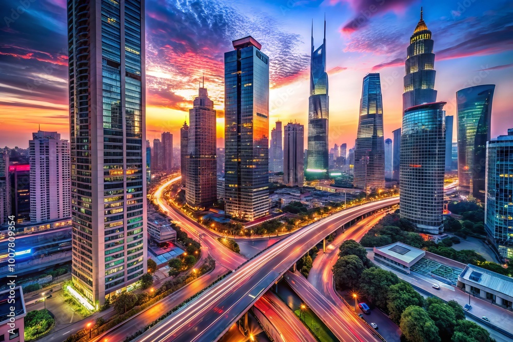Obraz premium Ultra-high-definition 8K video footage of a futuristic cityscape at dusk, featuring sleek skyscrapers, vibrant neon