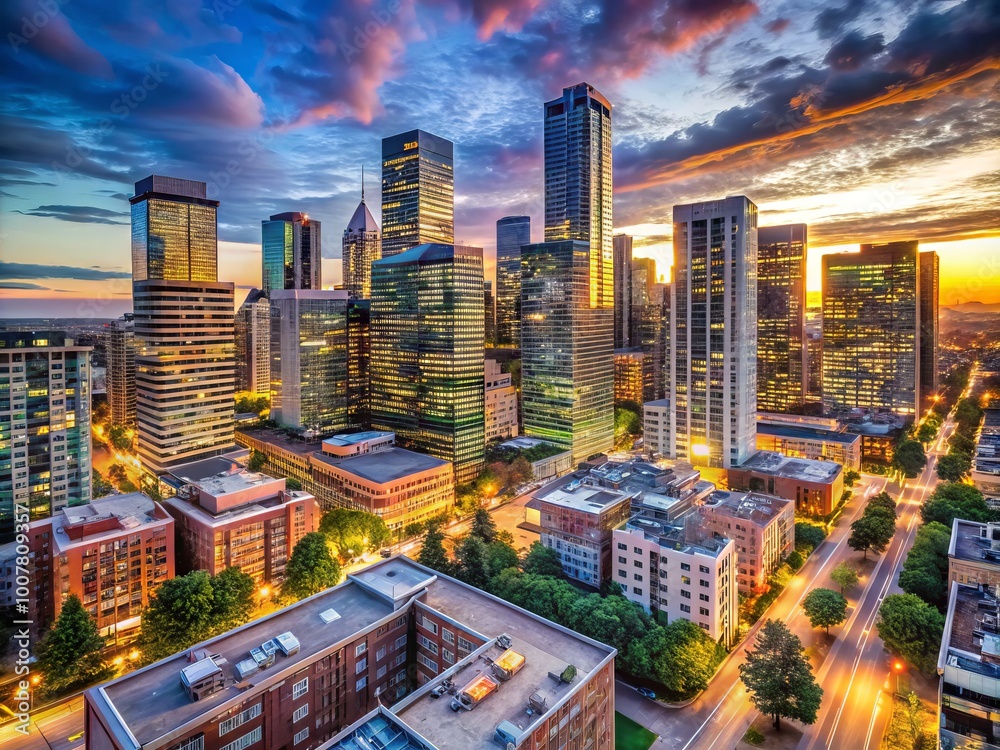 Urban cityscape at dusk with sleek skyscrapers, bustling streets, and modern residential high-rises contrasting with Urban cityscape at dusk with sleek skyscrapers, bustling streets, and modern residential high-rises contrasting with