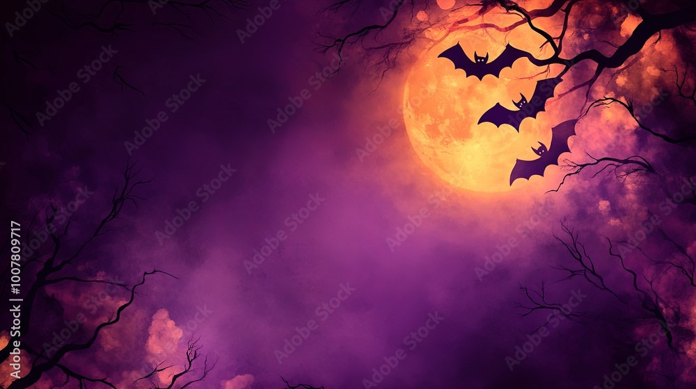 Spooky Halloween night with bats and full moon Spooky Halloween night with bats and full moon