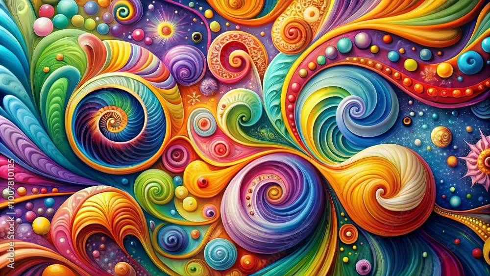 Vibrant abstract illustration of swirling shapes and colors blending into a dreamy, whimsical background with Vibrant abstract illustration of swirling shapes and colors blending into a dreamy, whimsical background with
