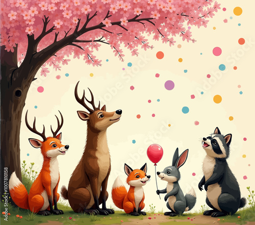 Forest Friends Celebrating

Five animals?two foxes, a deer, a rabbit, and a raccoon?gather under a blooming cherry blossom tree, enjoying a joyful moment with a red balloon.