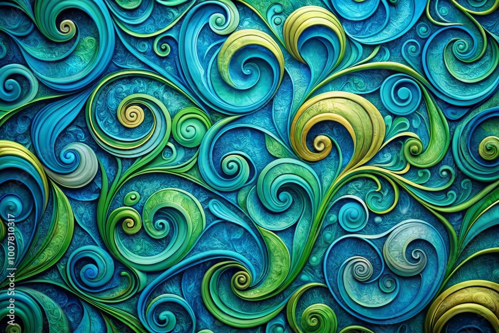 Vibrant, abstract swirls of blue and green hues dance across a textured, irregularly-shaped wallpaper design, ideal as