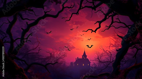 Spooky sunset over a haunted house in eerie woods