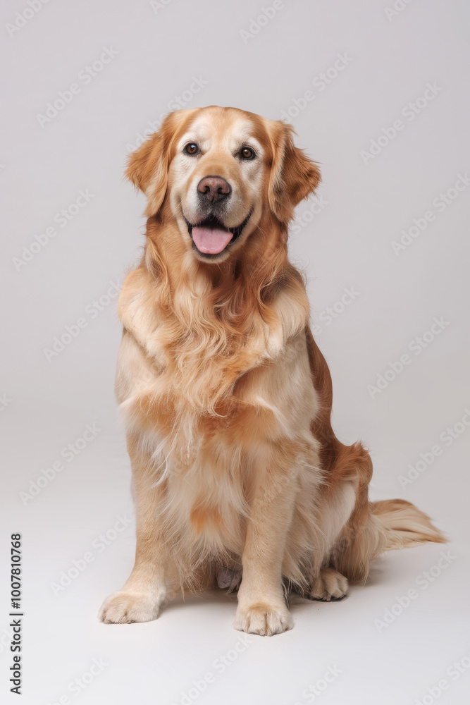 Golden Retriever sits gracefully on a white backdrop, displaying its friendly demeanor and shiny coat. Golden Retriever sits gracefully on a white backdrop, displaying its friendly demeanor and shiny coat.