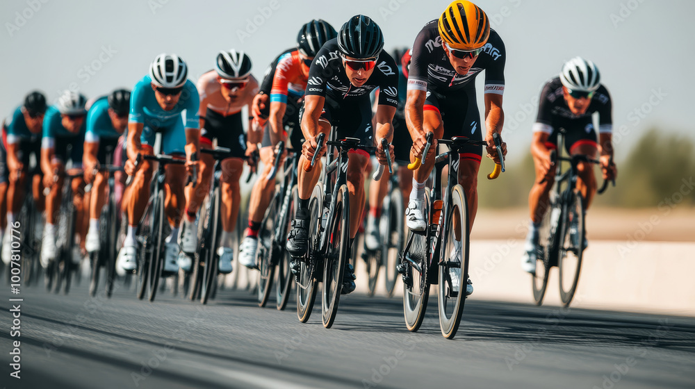 Fototapeta premium Group of cyclists drafting in a race, tight formation, speed and strategy in motion