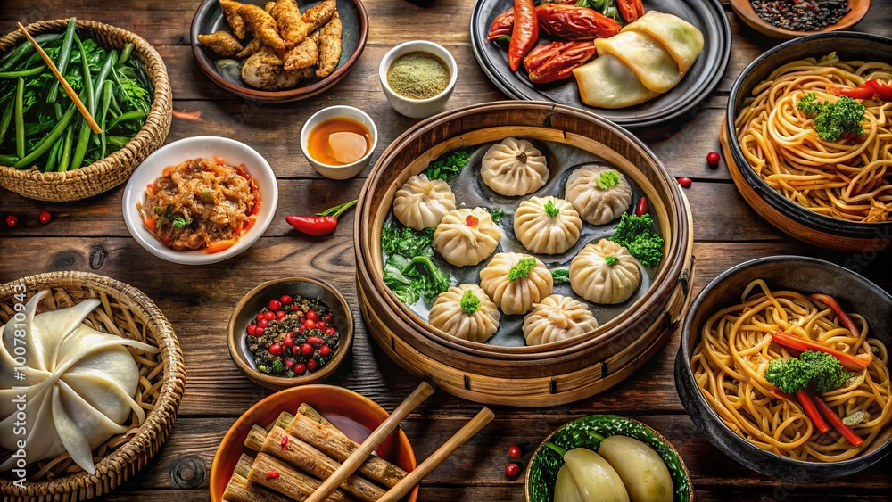 Vibrant assortment of steaming Chinese dishes, including noodles, dumplings, and vegetables, arranged artfully on a Vibrant assortment of steaming Chinese dishes, including noodles, dumplings, and vegetables, arranged artfully on a