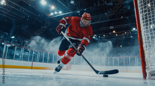 Ice hockey player in mid-slapshot, the puck flying towards the goal, speed and power photo