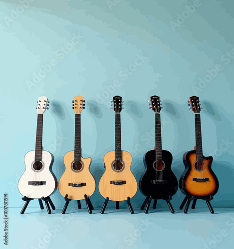 Display of Six Acoustic Guitars on Blue Background