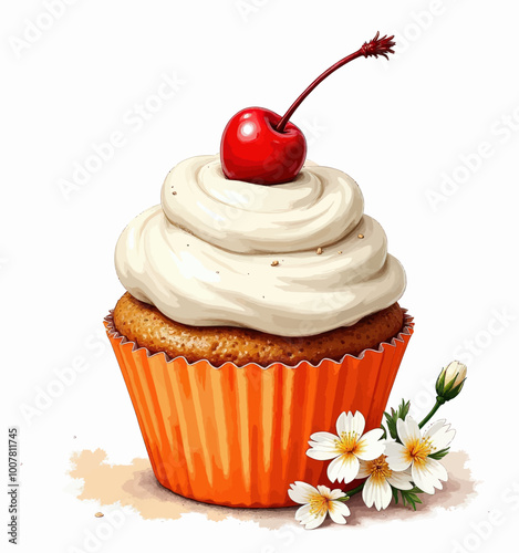 Delicious Cupcake with Cream Frosting and Cherry Topping