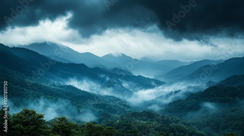 Misty Mountain Veil, a captivating landscape of shrouded peaks enveloped in mist, under a dramatic sky filled with dark clouds, evoking nature's serene yet mysterious essence.