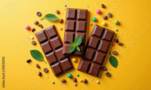 Delicious Chocolate Bars with Mint Leaves and Colorful Candies on Yellow Background