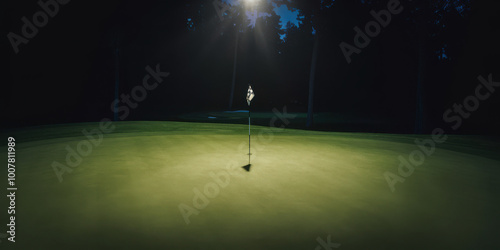 Golf flag illuminated under moonlight on a serene night golf course.