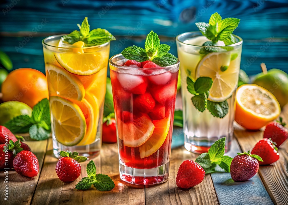 Enjoy vibrant summer drinks filled with fresh fruits, offering a refreshing taste and lively colors that capture the