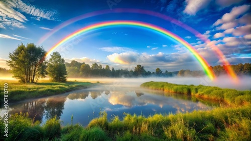 Vibrant circular rainbow arc spans across a misty blue sky, symmetrically radiating bright colors, fresh dew, and lush