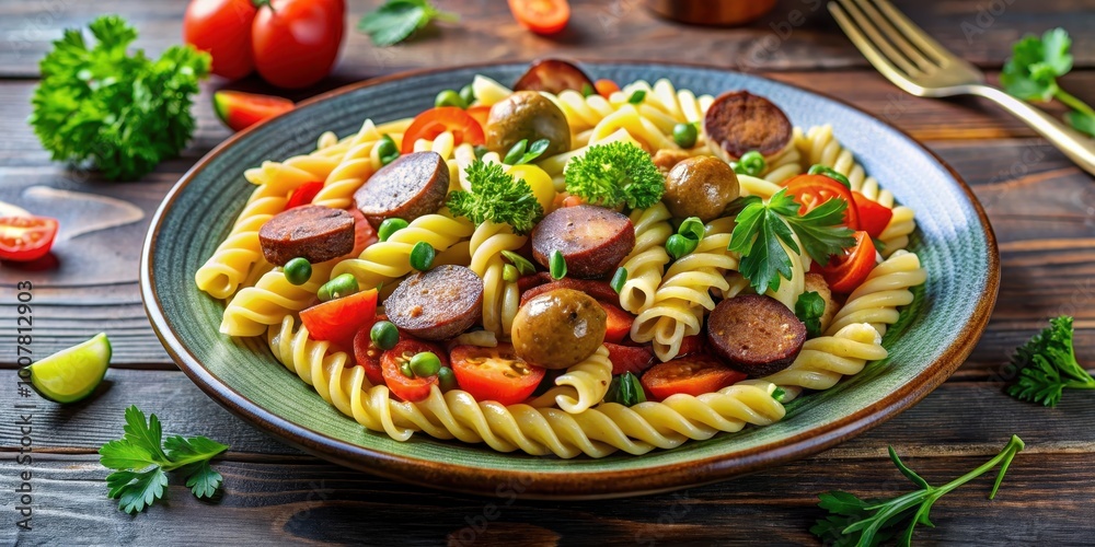 Pasta salad with vegan Lyon sausage, pickles, and vegetables on a white plate , vegan, plant-based, pasta salad Pasta salad with vegan Lyon sausage, pickles, and vegetables on a white plate , vegan, plant-based, pasta salad
