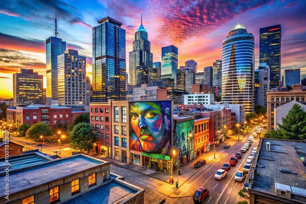 Fototapeta premium Vibrant cityscape at dusk, showcasing eclectic mix of modern skyscrapers, neon lights, and historic buildings adorned