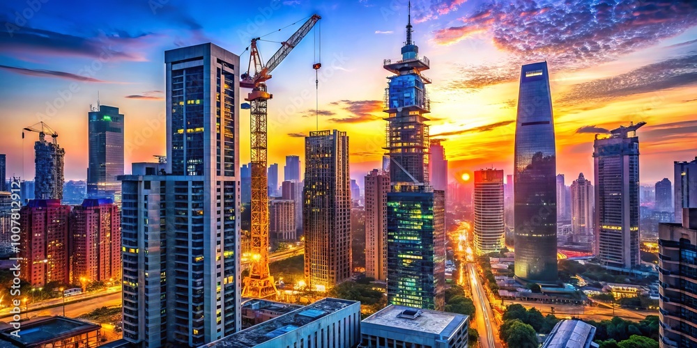 Fototapeta premium Vibrant cityscape at dusk, illuminated skyscraper under construction, crane towering above, surrounded by glittering