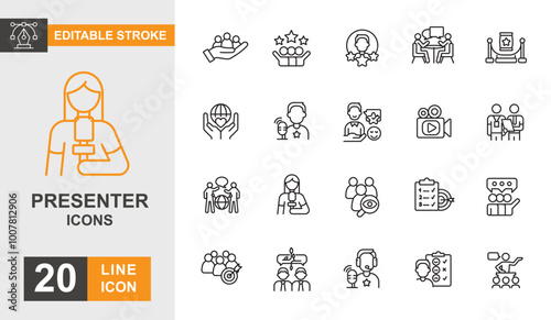Presenter icon set. Businesswoman, audience, meeting, talking and more line icon editable stroke.
