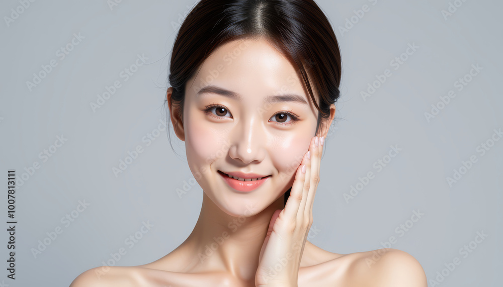Smiling woman touching her face, natural beauty, studio portrait, soft lighting.