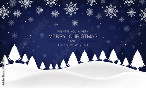 Snowy winter forest vector illustration. Fir trees and falling snow new year nature background