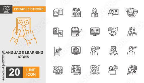 Language learning icon set. Application, dictionary, education, translate, speaking and more line icon editable stroke.