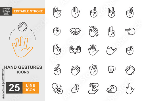 Hand gestures icon set. Finger, handshake, clapping, fist and more line icon.