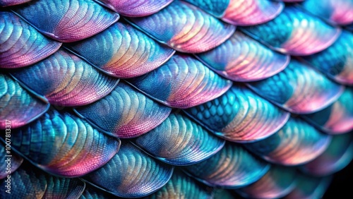 Macro close-up of pastel pink and blue fish scales on a black background, fish scales, macro, close-up, pastel