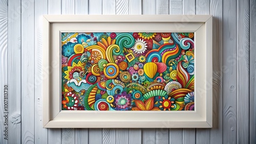 Vibrant colored doodles bursting with creative energy surround a clean white frame, blending whimsy and simplicity in a photo