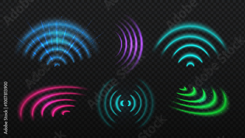 Wifi light effect set. Circular wave effect. Radial sonar radar. Internet and wireless connection, modern technology. Neon vector collection