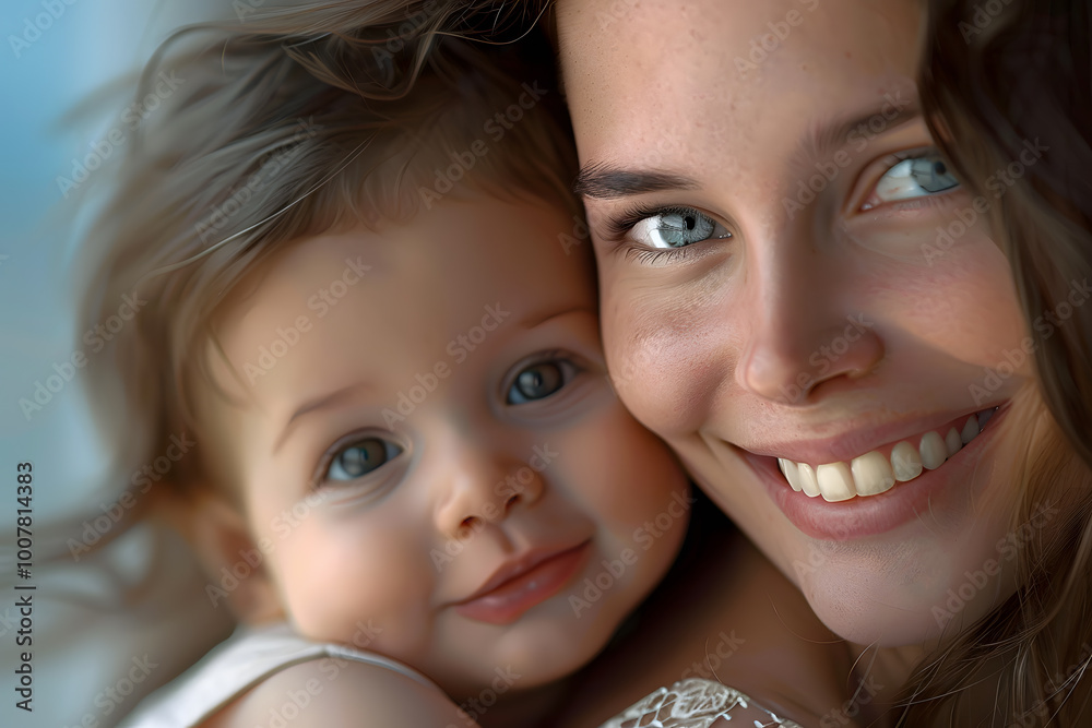 A joyful moment shared between a young woman and a baby, both smiling brightly, showcasing love and connection. A joyful moment shared between a young woman and a baby, both smiling brightly, showcasing love and connection.