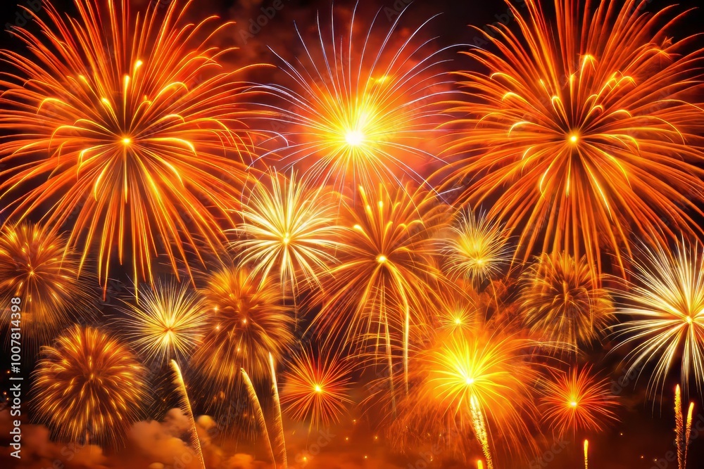 Naklejka premium Explosive orange fireworks light up the night sky, celebrating the New Year with a stunning backdrop, bursting with