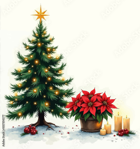 Christmas Tree with Lights and Poinsettias photo