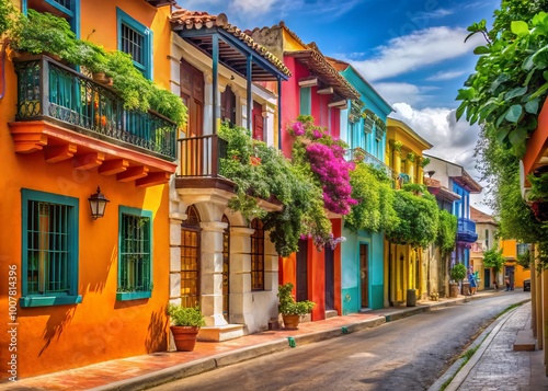 Vibrant colorful buildings and exotic flora line cobblestone streets in Cartagena's historic Old Town, showcasing #1007814396