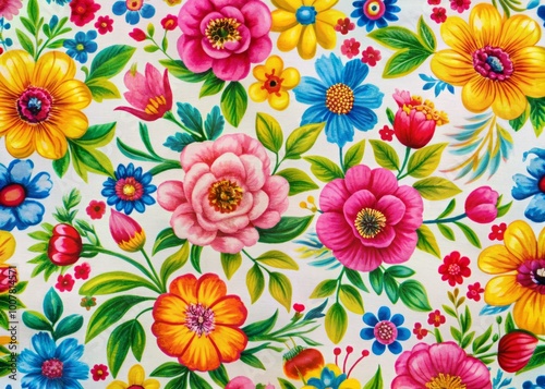 Wallpaper Mural Vibrant, colorful floral print fabric featuring bright pink, yellow, and blue hues on a white background, evoking a Torontodigital.ca