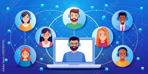 Vibrant colorful illustration of a virtual video meeting with diverse avatars, laptops, and headphones, connected by photo