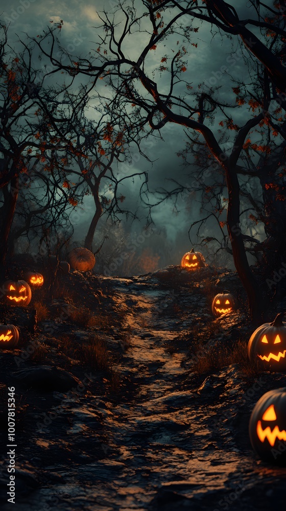 Gloomy background for Halloween. Landscape with pumpkins and neon, dramatic, dry branches, tree silhouettes, scary night Gloomy background for Halloween. Landscape with pumpkins and neon, dramatic, dry branches, tree silhouettes, scary night