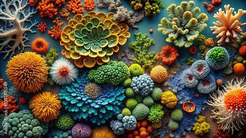 Wallpaper Mural Vibrant, detailed illustration of various lichen species, showcasing intricate textures and colors, set against a soft, Torontodigital.ca